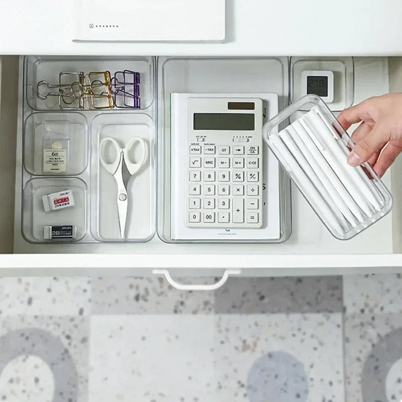Transparent plastic box storage organizer by Blushimmer, ideal for desk, jewelry, makeup, and drawer organization.