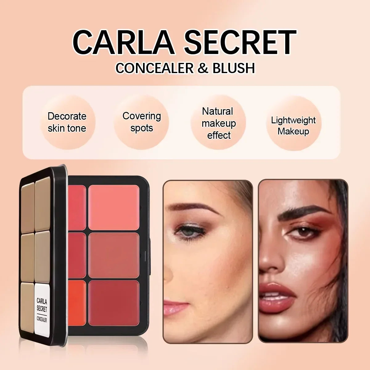 Blushimmer 12-color concealer, blush, and contour palette with matte cream shades for all-in-one face makeup application.