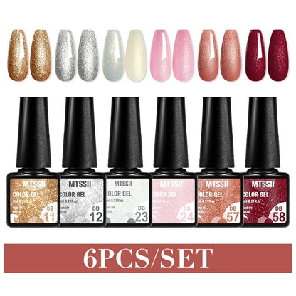 Sparkly red gel nail polish set by Blushimmer with six LED UV gel varnishes for shiny nail art and manicure at home