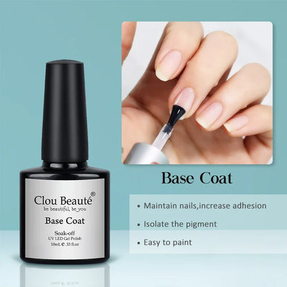 Clou Beaute 15ml semi-permanent gel nail polish with red, black, white, green, and neon colors, featuring velvet top coat and base coat.