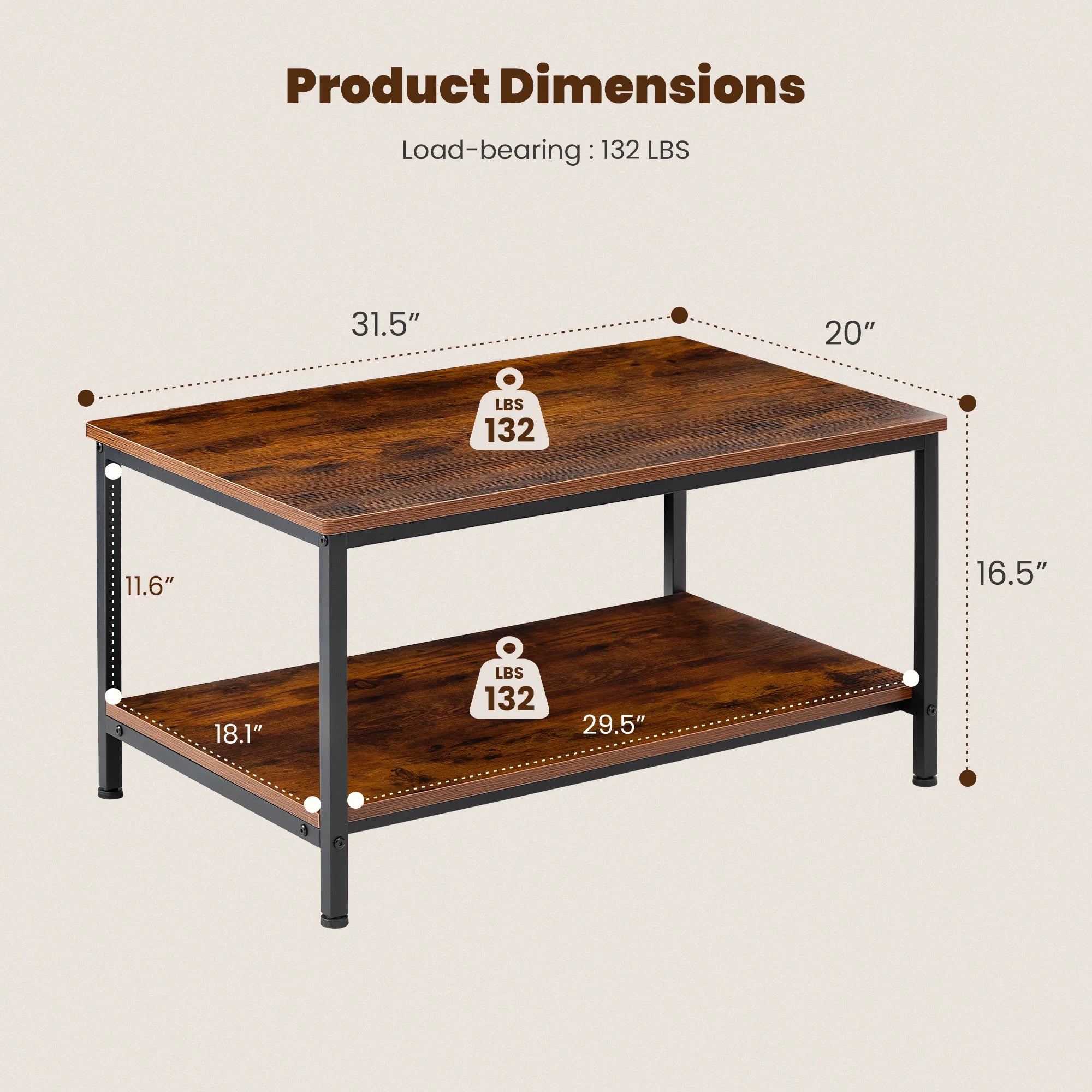 JHK 31IN Wood Coffee Table For Living Room 2-Tier Center Counter with Storage 50 lbs Capacity Anti-Slip Feet Modern Design