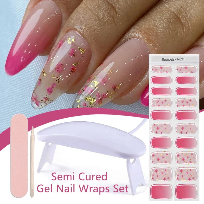Blushimmer Harunouta 4-piece set of gradient nude pink jelly gel nail strips with waterproof, semi-cured finish and matching nail lamp.