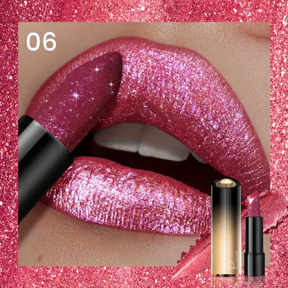 Blushimmer metallic shimmer lipstick with pearly glitter shine, creamy texture, and high color payoff for glamorous party makeup.