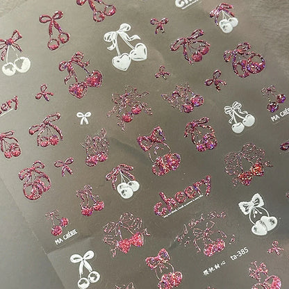 Cute red cherry bowknot 5D nail art stickers with shiny crystals, self-adhesive manicure decals by Blushimmer for DIY nail decoration.