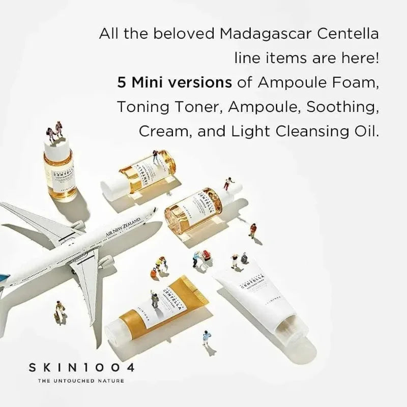 SKIN1004 Madagascar Centella travel skincare kit with toner, ampoule, soothing cream, cleansing oil, and foam in mini sizes