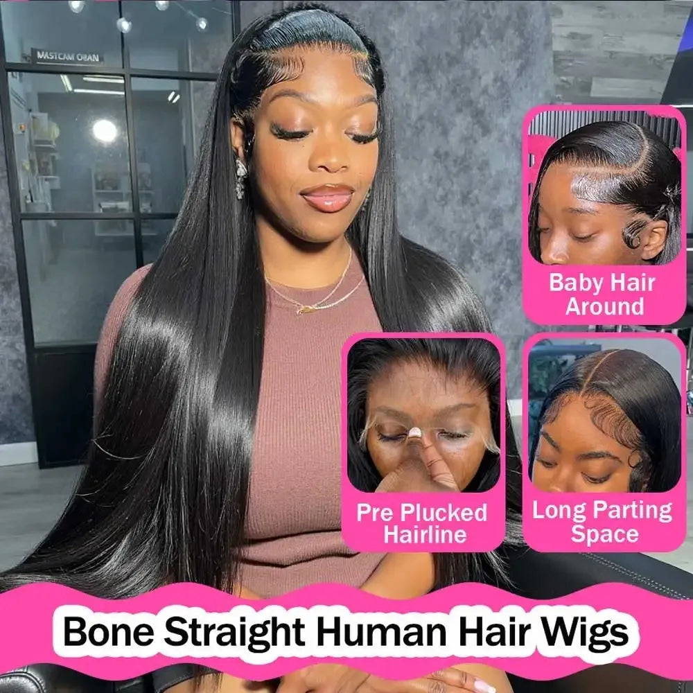 Selvanelle 38-inch straight human hair lace front wig with HD lace frontal, pre-plucked, glueless, bone-straight style for women