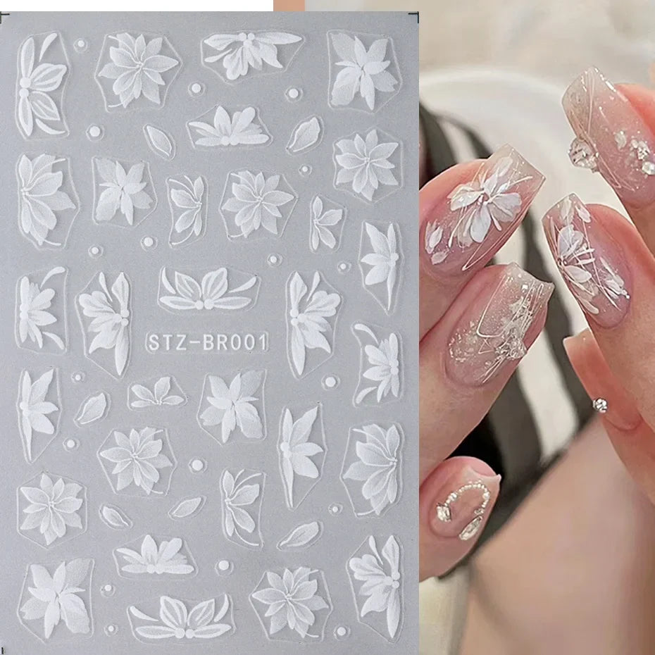 Blushimmer 3D white flower nail art stickers with cute floral adhesive decals and acrylic nail charms for DIY manicure decoration
