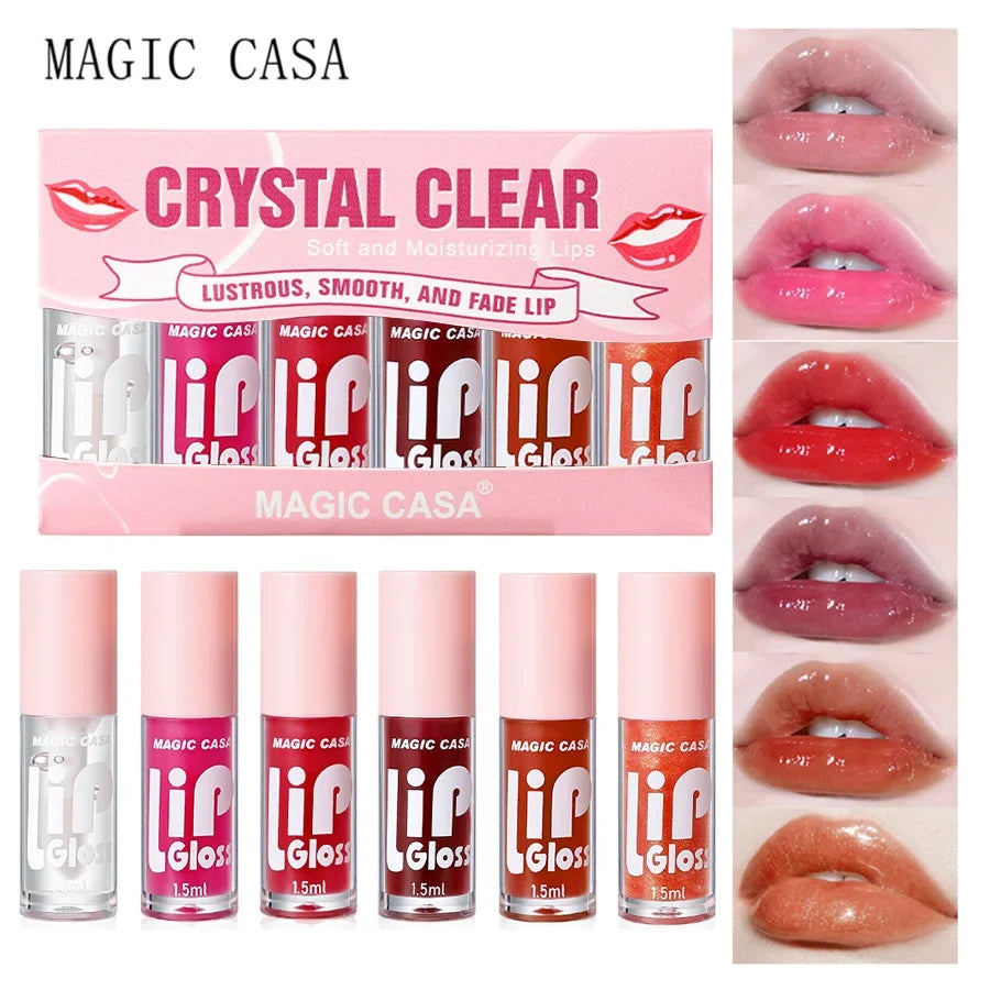 Set of six Blushimmer MAGIC CASA hydrating lip oil bottles with shimmering, moisturizing, and smooth liquid lip glosses.