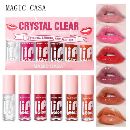 Set of six Blushimmer MAGIC CASA hydrating lip oil bottles with shimmering, moisturizing, and smooth liquid lip glosses.
