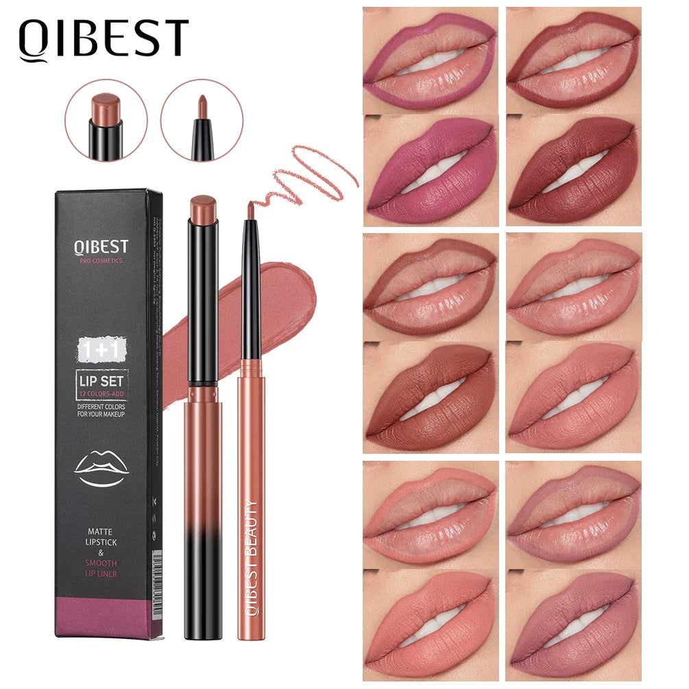 Blushimmer QIBEST 2-piece lipstick and lipliner pen set with matte velvet finish in sexy red for long-lasting lip contour makeup.
