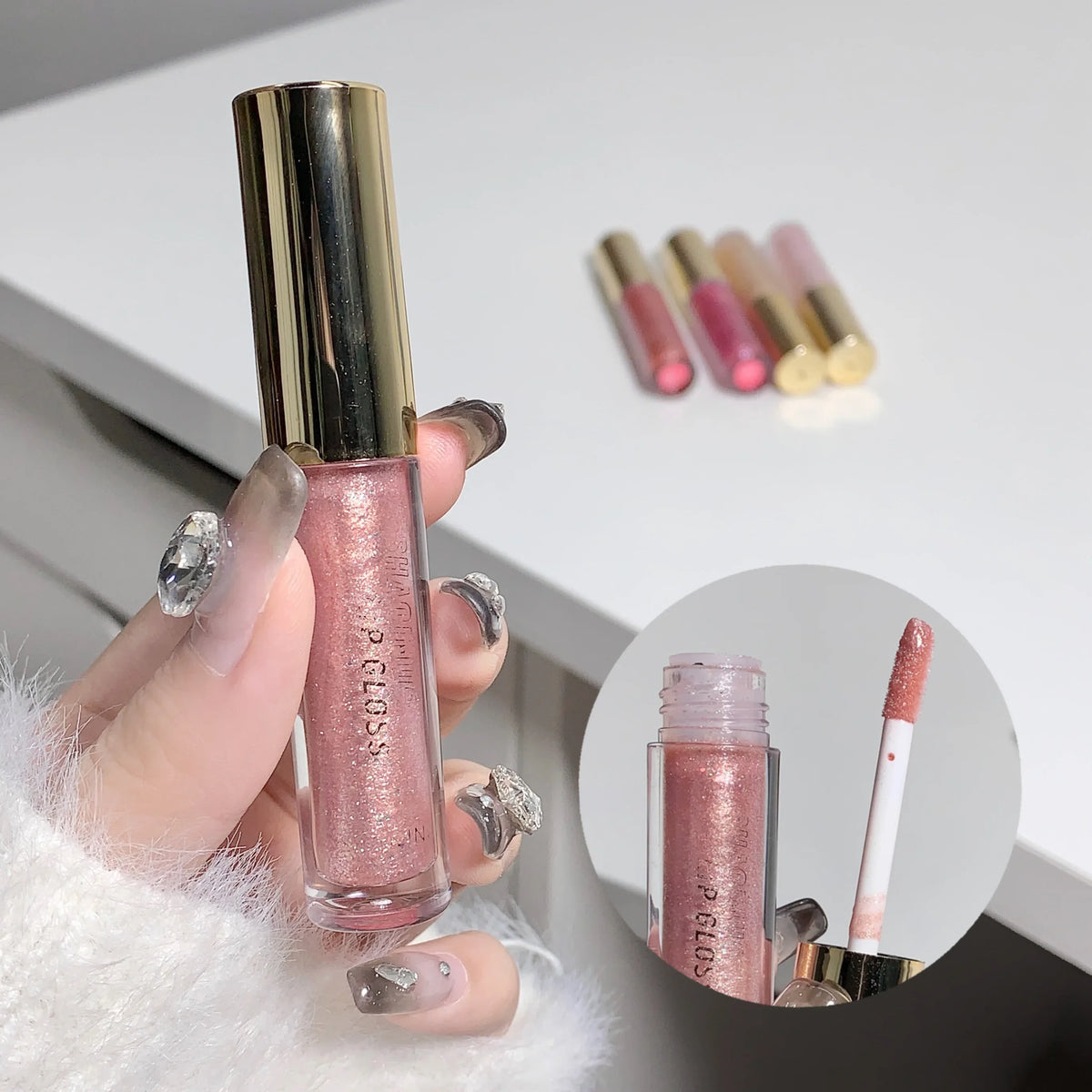 Blushimmer water-glossy lip glaze with moisturizing, sparkling lip gloss and lip oil for a plump, shiny, and hydrated pout.