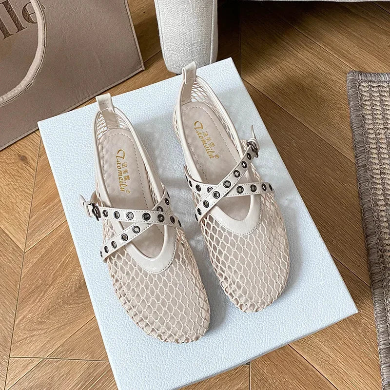 Mesh Brand Ballet Flats Women Rivet Belt Buckle Fashion Sandals Ladies Comfort Hollow Designer Breathable Mary Jane Shoes Woman
