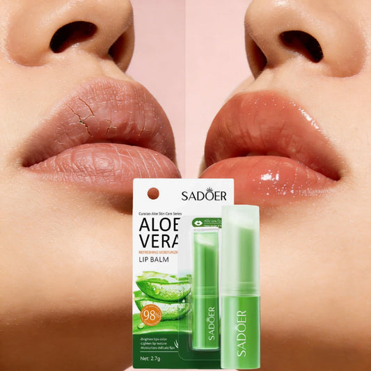 Blushimmer Aloe Lip Balm in a sleek tube, showcasing its healing, moisturizing, and nourishing qualities for dry lips.