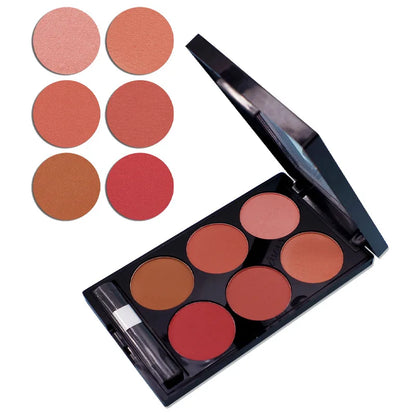 Blushimmer 6-color blush and contouring palette with pearlescent and matte powders for versatile face makeup.