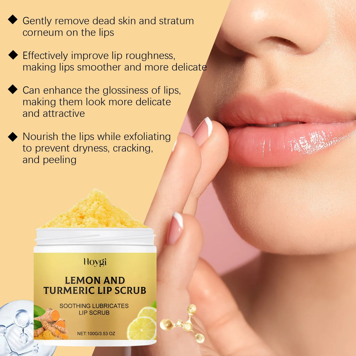 Blushimmer turmeric lip scrub with natural exfoliating particles, moisturizing and nourishing chapped lips, reducing lip lines and melanin.