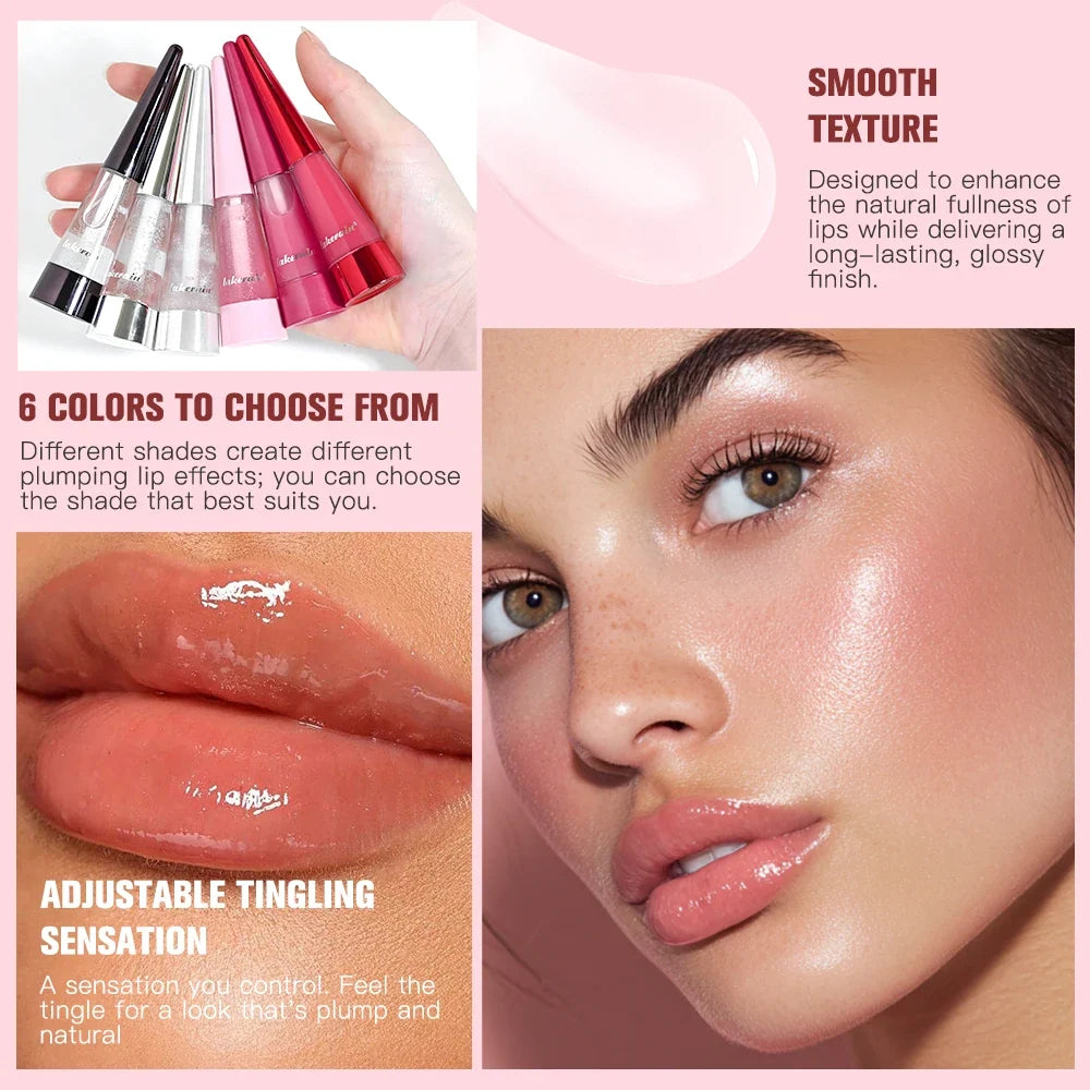 Blushimmer Lip Plumper Reedle Shot serum in clear gloss enhances lips with moisturizing, anti-wrinkle, and plumping effects.