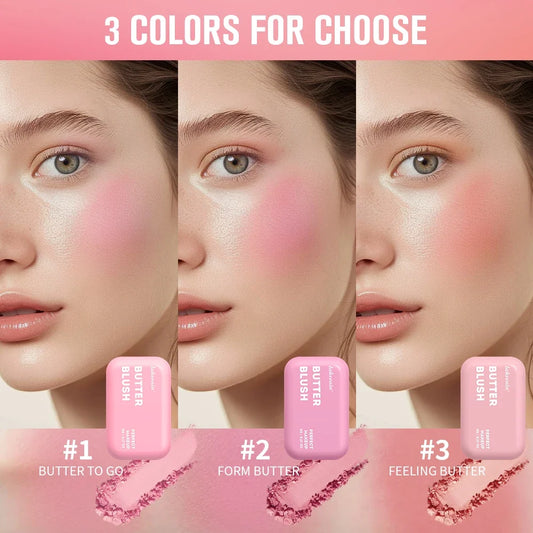 Blushimmer single color butter blush cheek tint in natural matte finish, waterproof face contouring powder for soft female makeup.