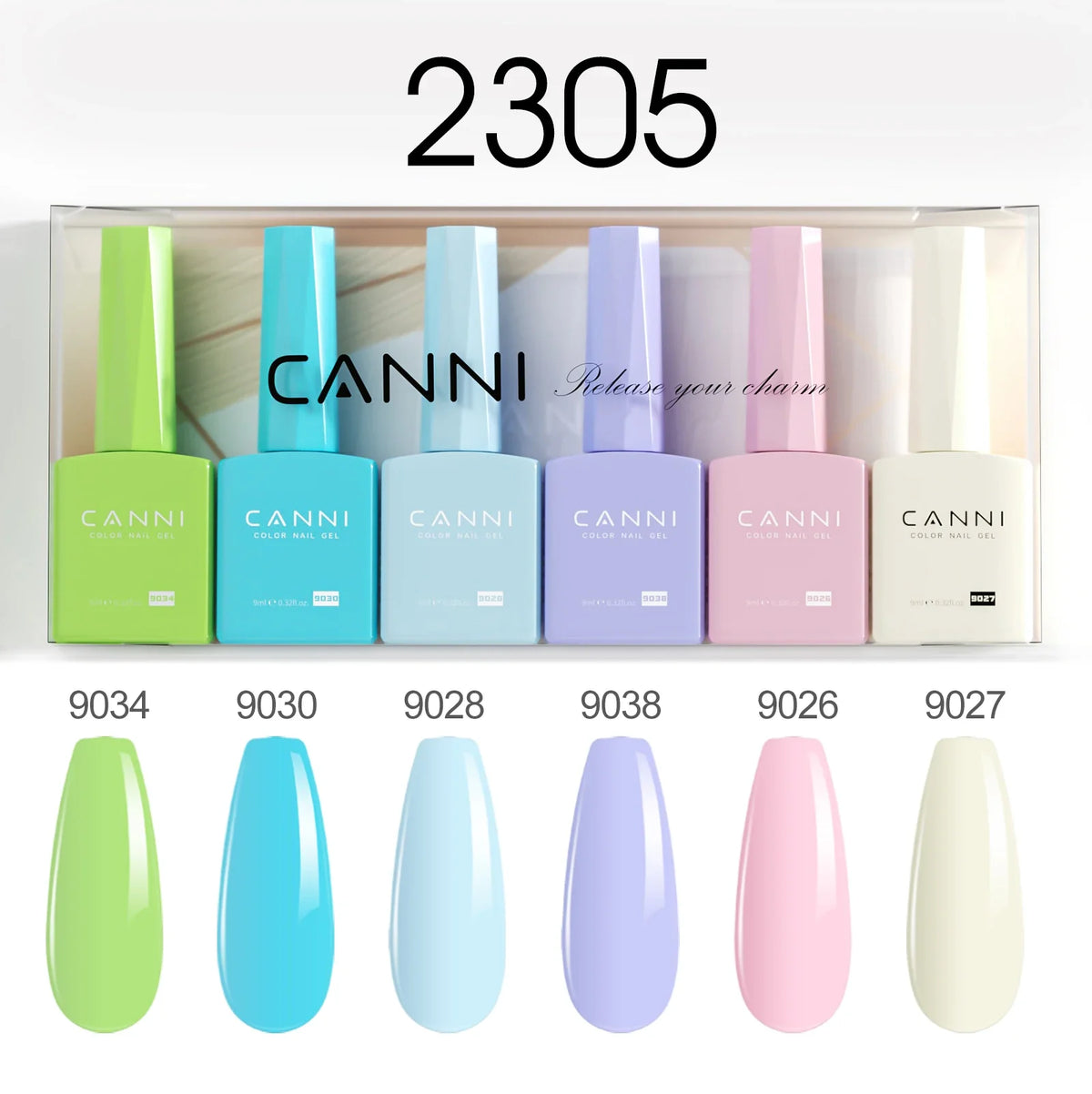 Blushimmer CANNI nail gel polish kit with six 9ml bottles in jade, nude, pink colors for French and natural nail designs.