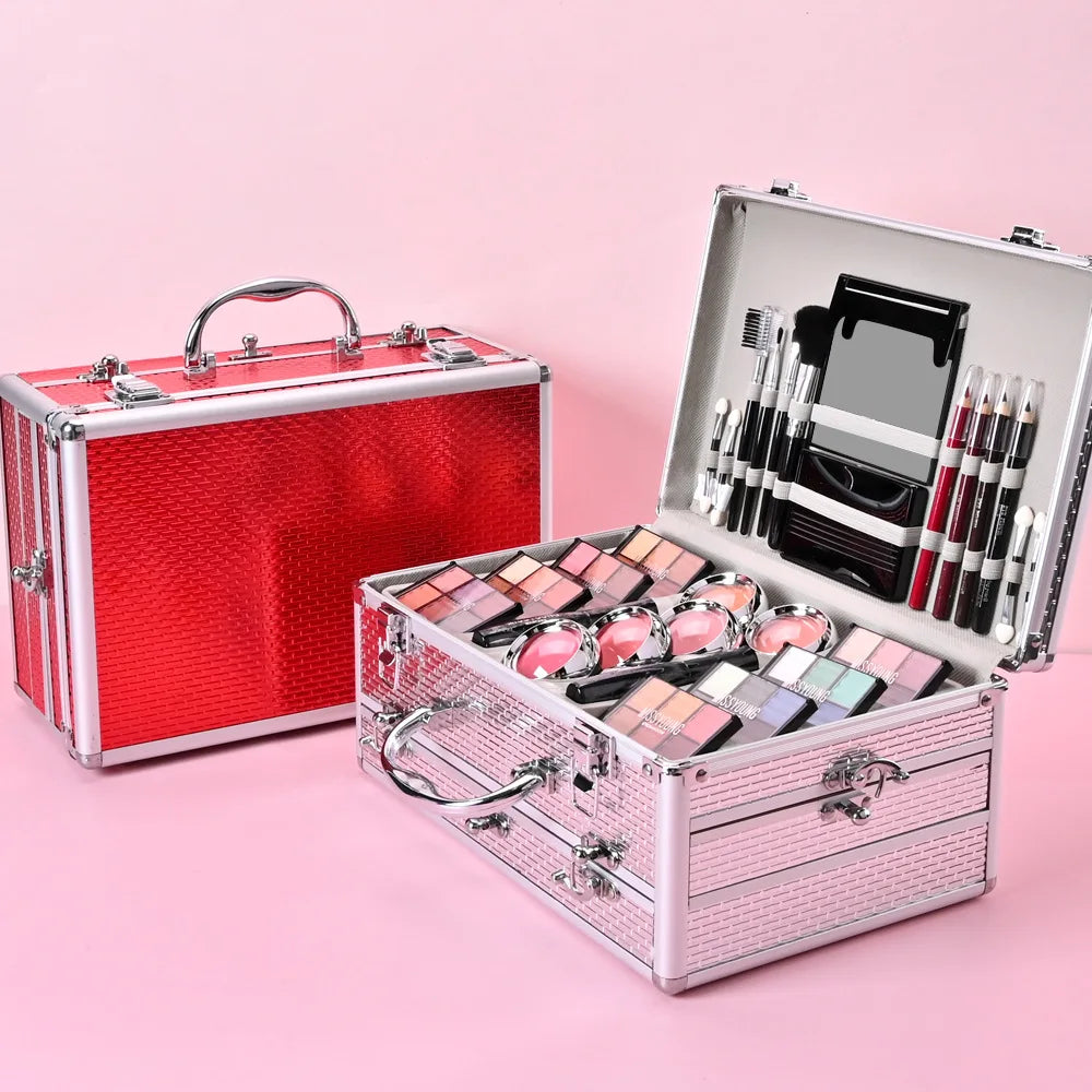 Blushimmer makeup gift set for women includes face powder, eyeshadow palette, lipstick, highlighter, bronzer, and makeup brushes.