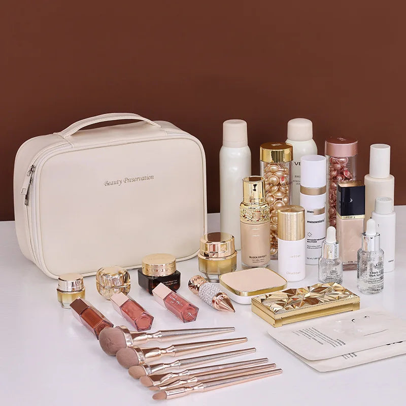 Blushimmer wholesale PU large capacity tote makeup bag with double layer design, travel organizer and cosmetic storage pouch.