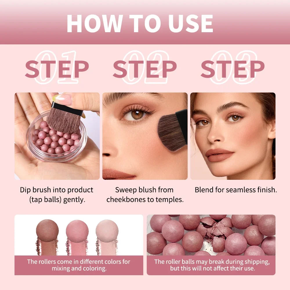 Blushimmer Lakerain spherical pink pearl blush in a ball compact, delicate brightening cosmetic for a natural radiant glow.
