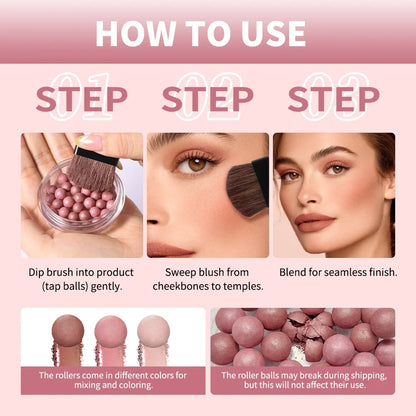 Blushimmer Lakerain spherical pink pearl blush in a ball compact, delicate brightening cosmetic for a natural radiant glow.