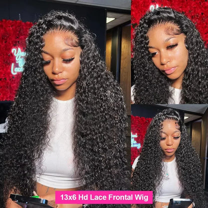 Selvanelle 40-inch deep wave human hair wig with HD lace frontal, high density, tangle-free, natural look for women.