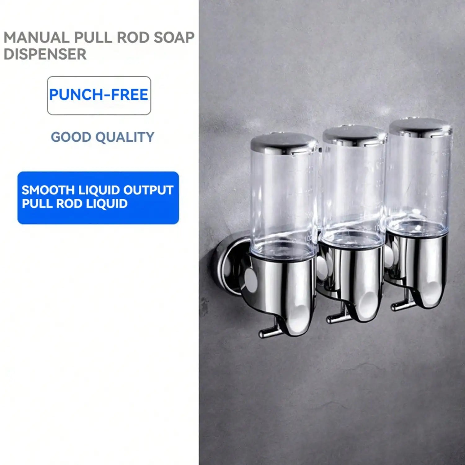 No-Drill 3 Chamber Wall Mounted  Liquid Soap Shower Hand Sanitizer Pump Dispenser for Bathroom Kitchen Hotel, and Holds Shampoo