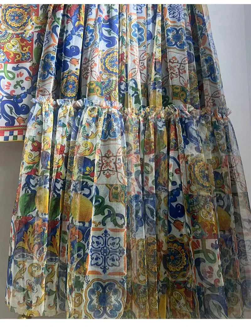 Retro mesh elastic long-sleeved top spring and summer new elastic waist big swing skirt fashion print women's two-piece dress