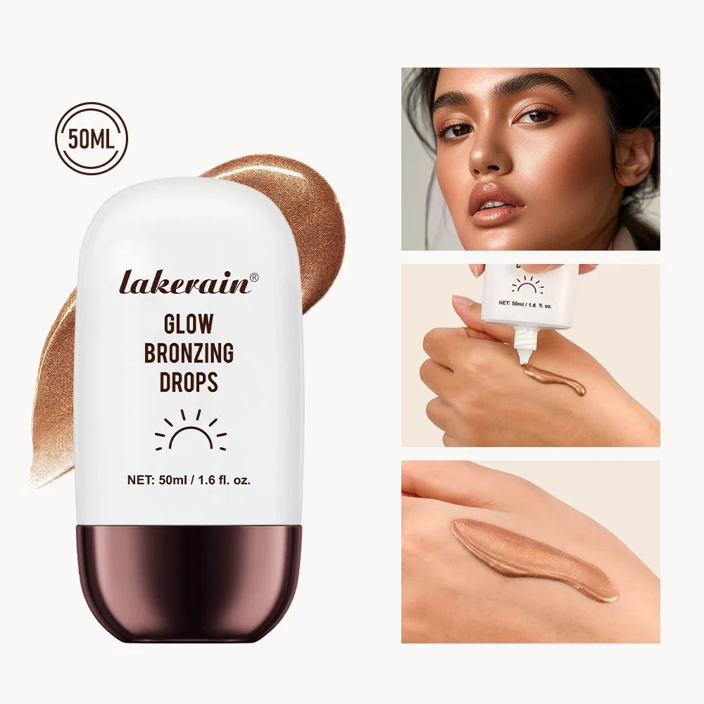 Blushimmer Glow Bronzing Drops face serum with liquid bronzer, hydrating makeup for a radiant summer glow on the skin.