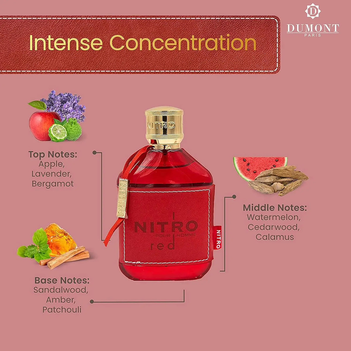 Dumont NITRO RED luxury men's Eau De Parfum by Blushimmer, 3.4oz bottle featuring a fruit, woody, floral, masculine fragrance