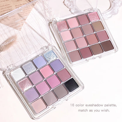 Sixteen-color sunset magic eye shadow plate by Blushimmer featuring pearl and matte earth tones for Korean makeup looks.
