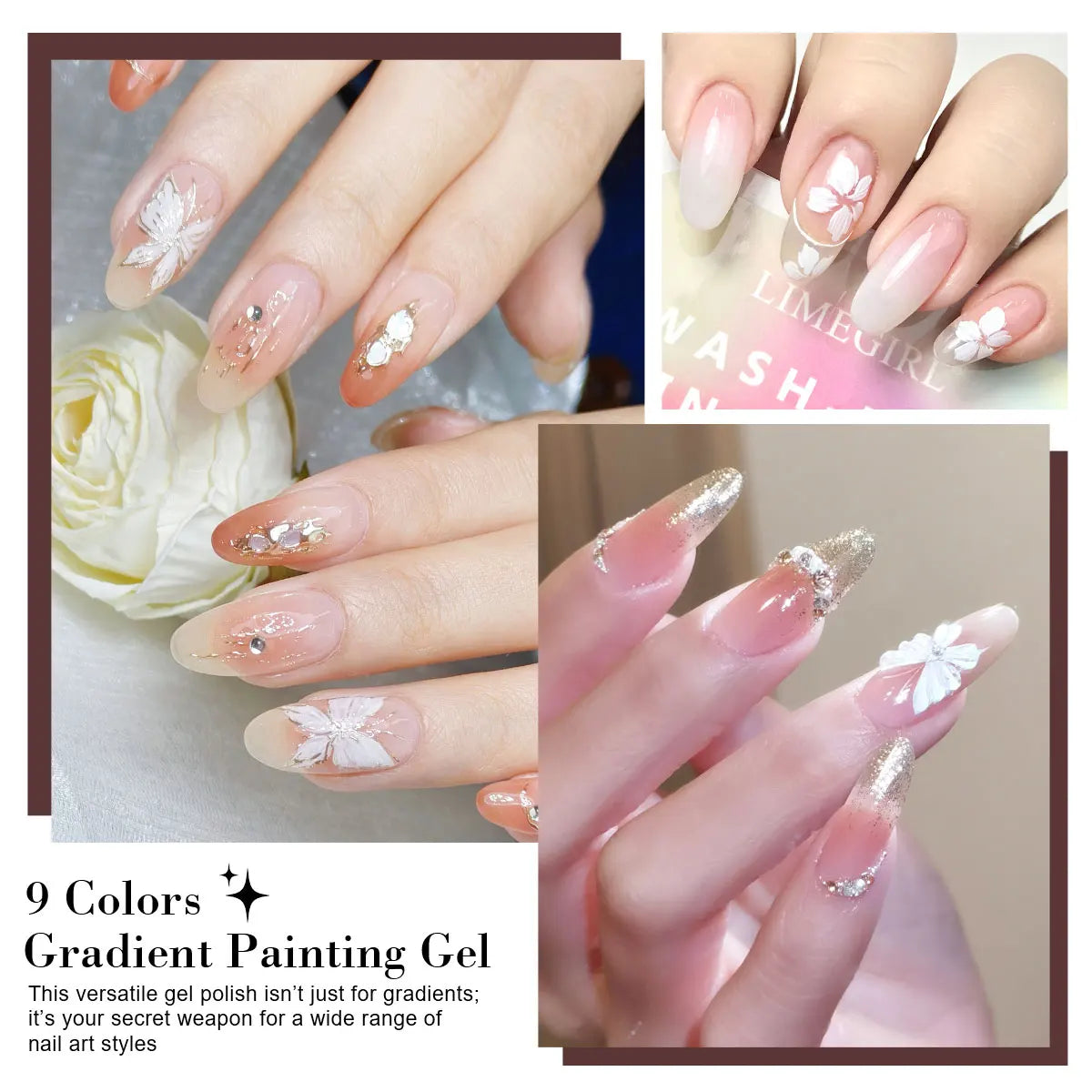 LIMEGIRL 9-color gradient painting gel nail art kit by Blushimmer with vibrant, quick-drying flower paint and engraving gel for DIY nails.