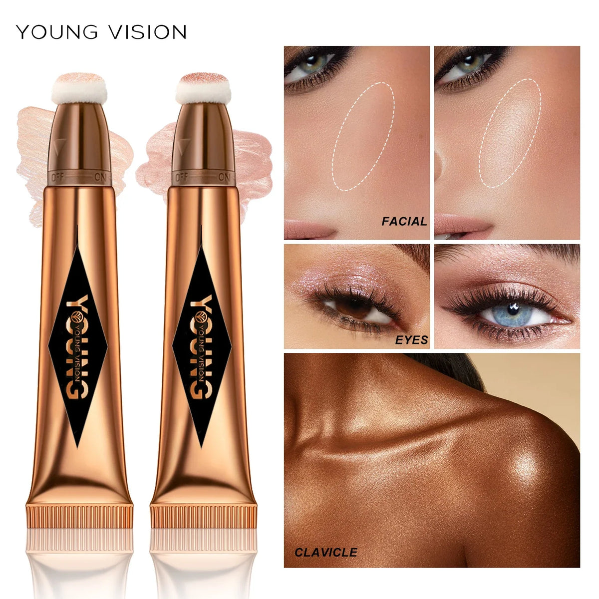 Blushimmer Young Vision air cushion powder blusher stick in high gloss liquid rouge, available in 6 colors, featuring a sleek makeup applicator