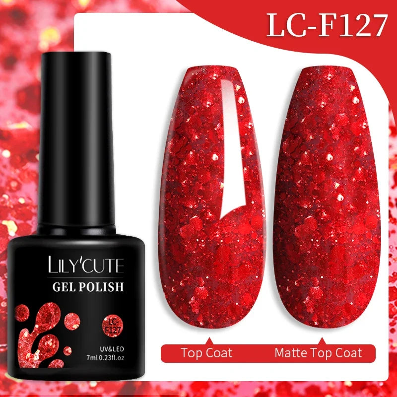 Colorful LILYCUTE 7ML gel nail polish bottles in a variety of shades, designed for long-lasting manicure and nail art.