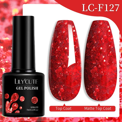 Colorful LILYCUTE 7ML gel nail polish bottles in a variety of shades, designed for long-lasting manicure and nail art.