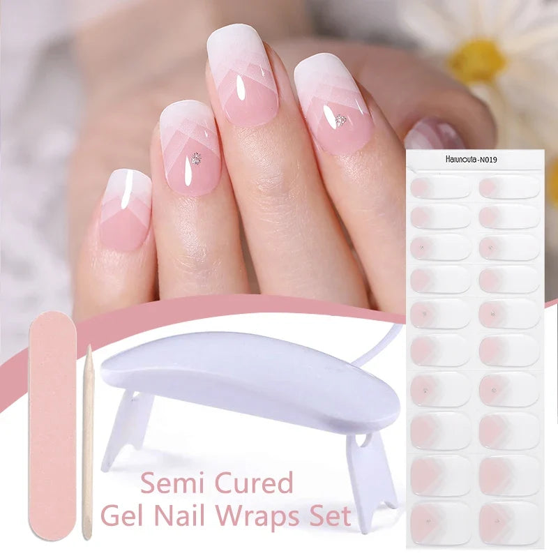 Blushimmer Harunouta 4-piece set of gradient jelly semi-cured gel nail strips with nude pink waterproof nail stickers and a nail lamp.