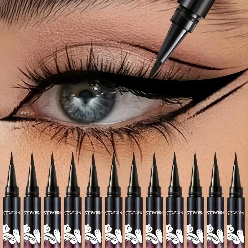 Blushimmer 12-pack black liquid waterproof eyeliner pencils, long-lasting makeup cosmetic tools for precise eye definition.