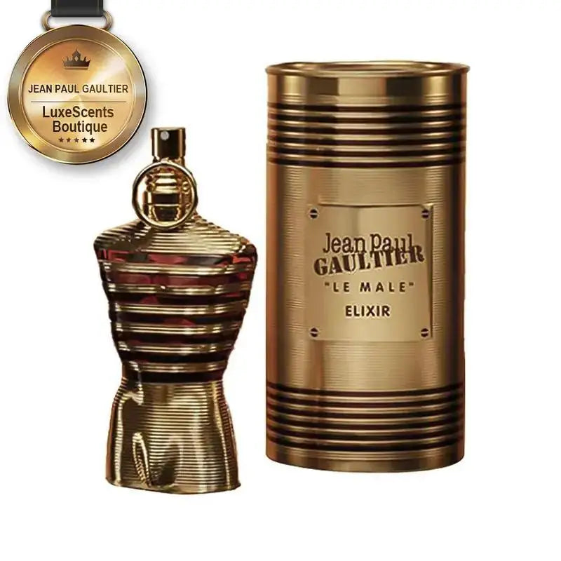 Jean Paul Gaultier Le Male Elixir men's fragrance bottle from Jean Paul Gaultier, featuring a sleek design and dark accents.