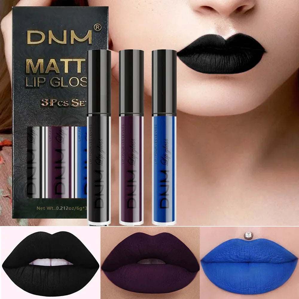 Set of four liquid lipsticks in black, blue, purple, and green with matte finish, waterproof, long-lasting, by Blushimmer.