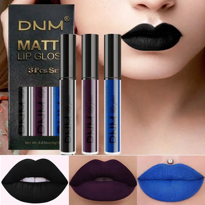 Set of four liquid lipsticks in black, blue, purple, and green with matte finish, waterproof, long-lasting, by Blushimmer.