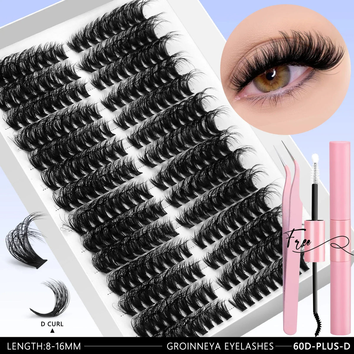 Blushimmer GROINNEYA DIY eyelash extension kit with mixed lash clusters, lash bond, seal, and tweezers for at-home lash application