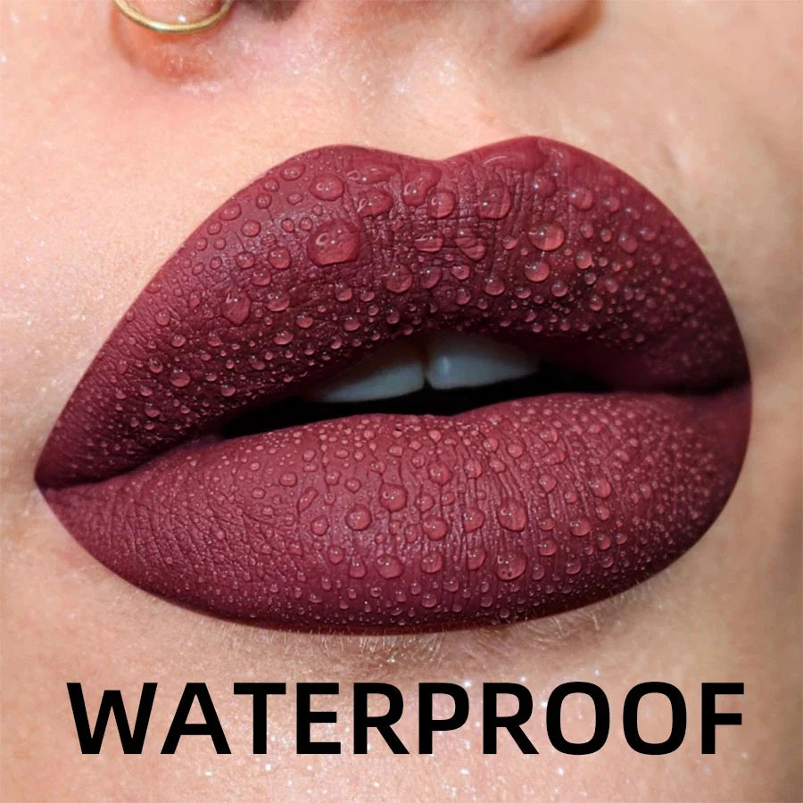 Blushimmer matte velvet lip gloss in nude and red shades, waterproof liquid lipstick with black lips tint and glossy finish.