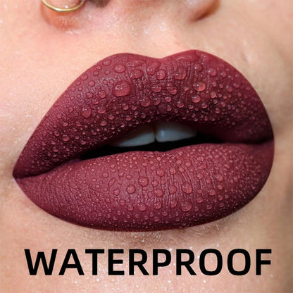 Blushimmer matte velvet lip gloss in nude and red shades, waterproof liquid lipstick with black lips tint and glossy finish.