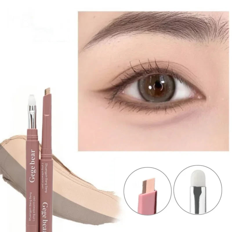 Double-ended Silkworm Pencil by Blushimmer with highlighter and eyeliner stick, featuring a detail brush for nude lower eyelid contour makeup.
