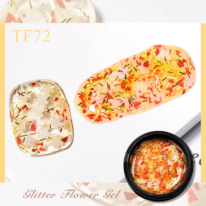 Blushimmer pink dried flower gel nail polish with natural flower accents, soak-off UV LED nail art gel for elegant nails.