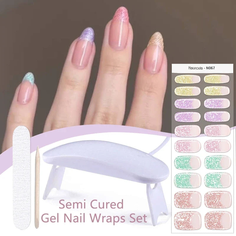 Blushimmer Harunouta 4-piece set of nude pink gradient jelly semi-cured gel nail strips with waterproof long-lasting wraps and nail lamp.