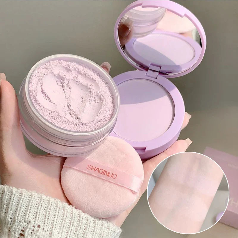 Blushimmer Rose Pink 2-in-1 loose setting powder with lavender purple hue, waterproof, oil control, and transparent pressed concealer.