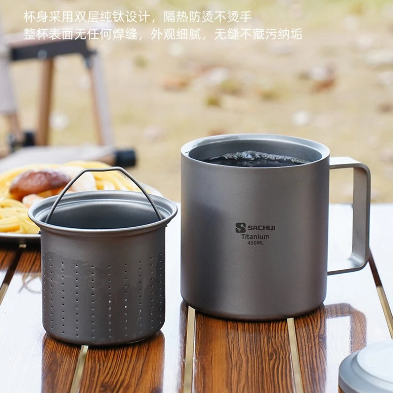 Pure Titanium Double-layer Mug Titanium Cup Insulated Coffee Cup Outdoor Water Cup with Lid and Tea Leakage Cold Drink Tea Set