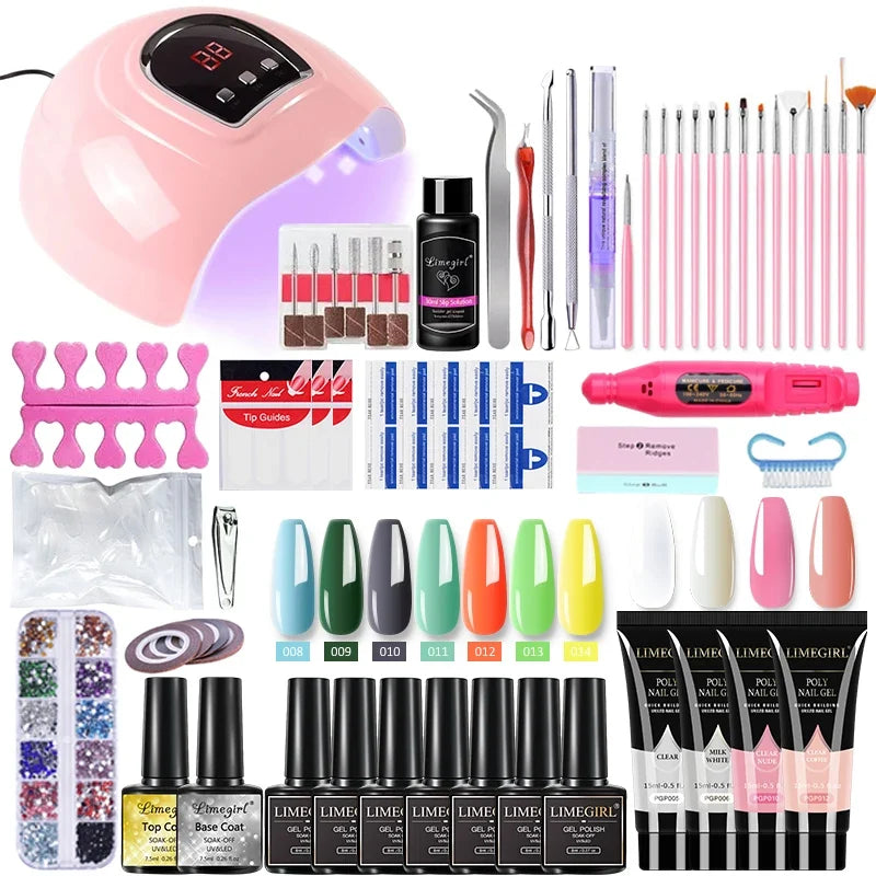 Blushimmer Limegirl Nail Set with 54W UV nail lamp, 18/12/7 color gel polish, nail drill machine, and nail tools kit.
